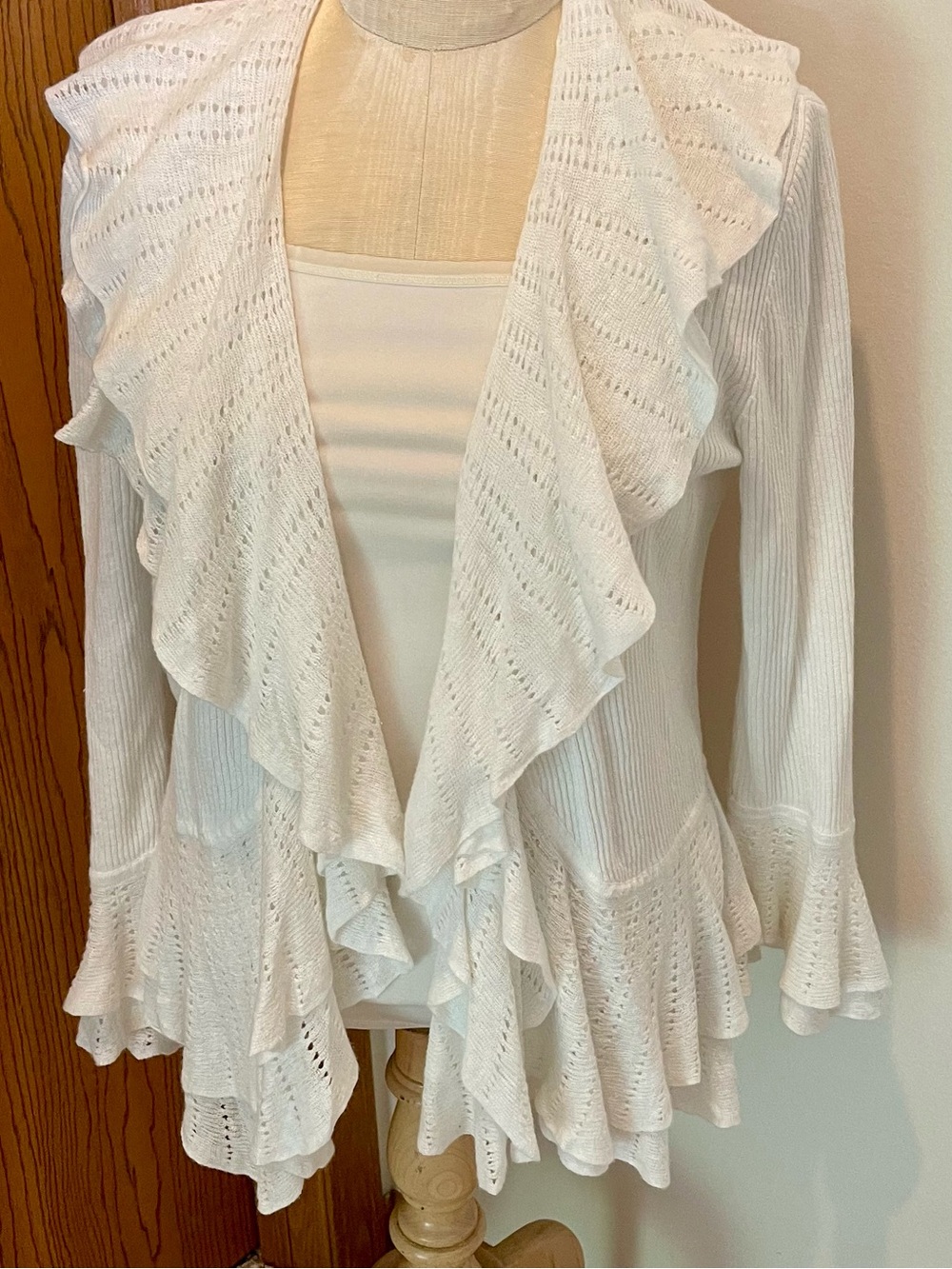 Ralph Lauren White Ruffled Knit Open Cardigan